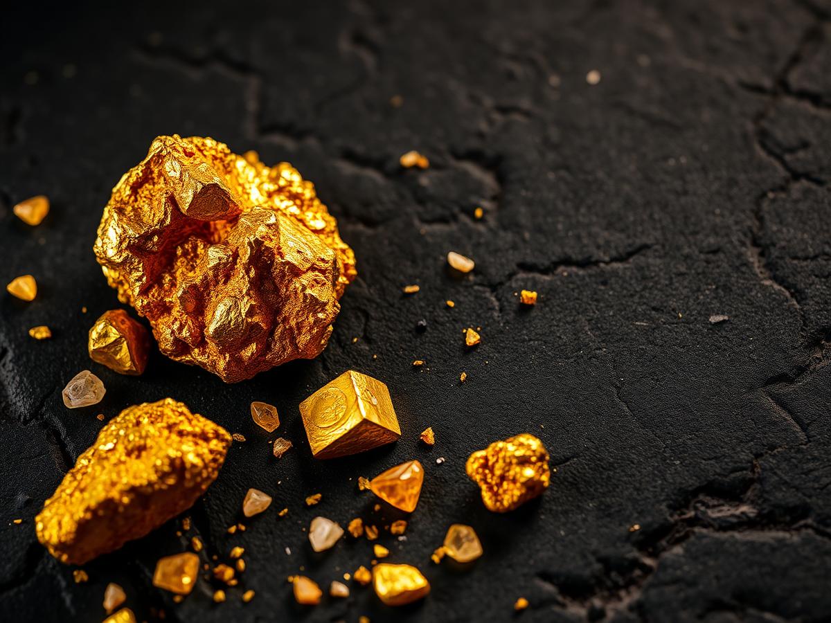 Pepitas de ouro bruto sobre pedra escura