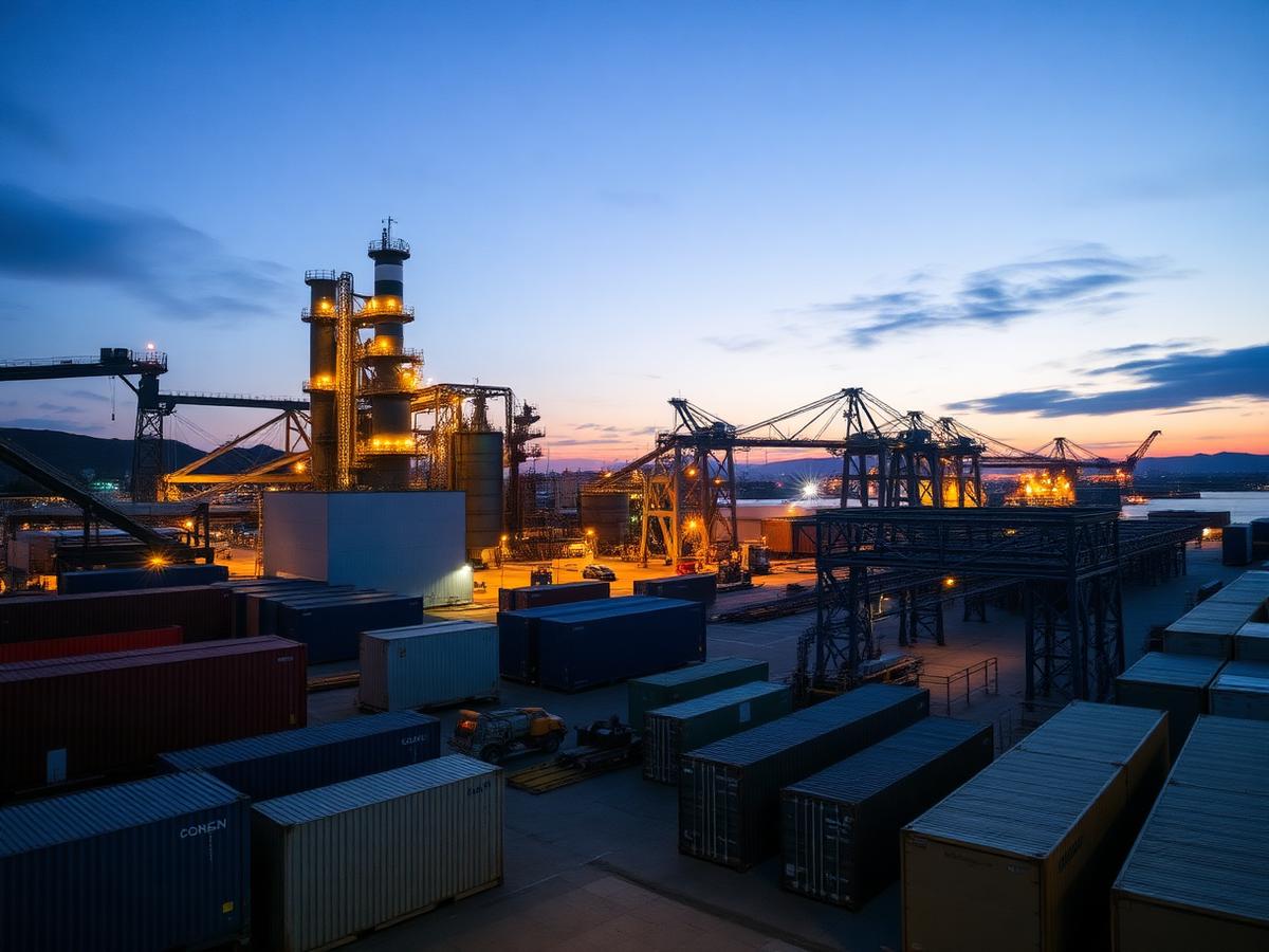 Terminal portuário e planta de processamento mineral ao anoitecer